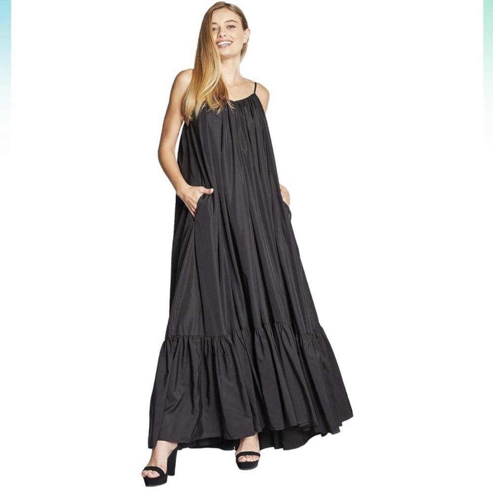 Long black maxi dress wedding guest gown ruffle hem backless bow size large - Picture 1 of 6